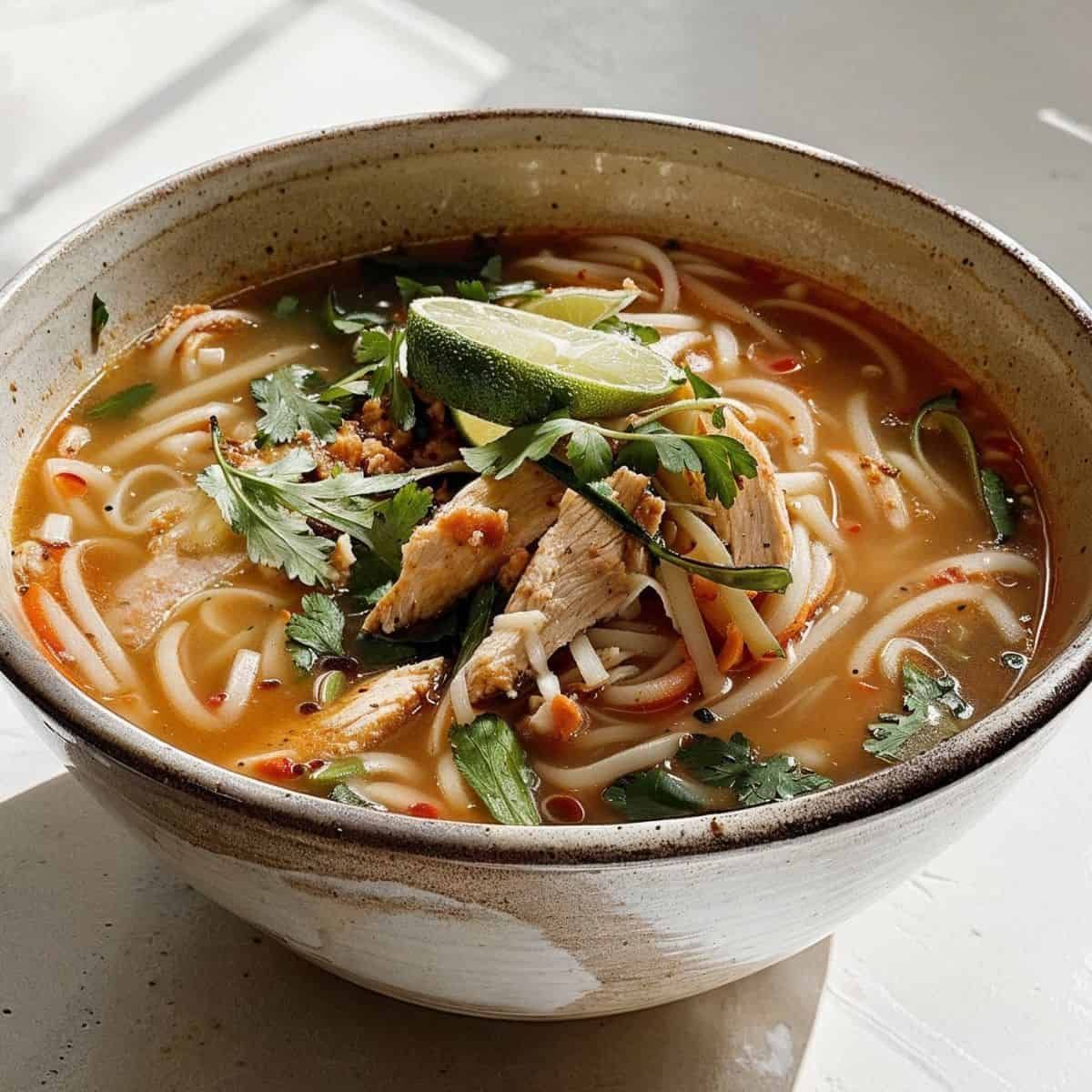 A bowl of steaming Thukpa (noodle soup) on a wooden table in a Manang tea house