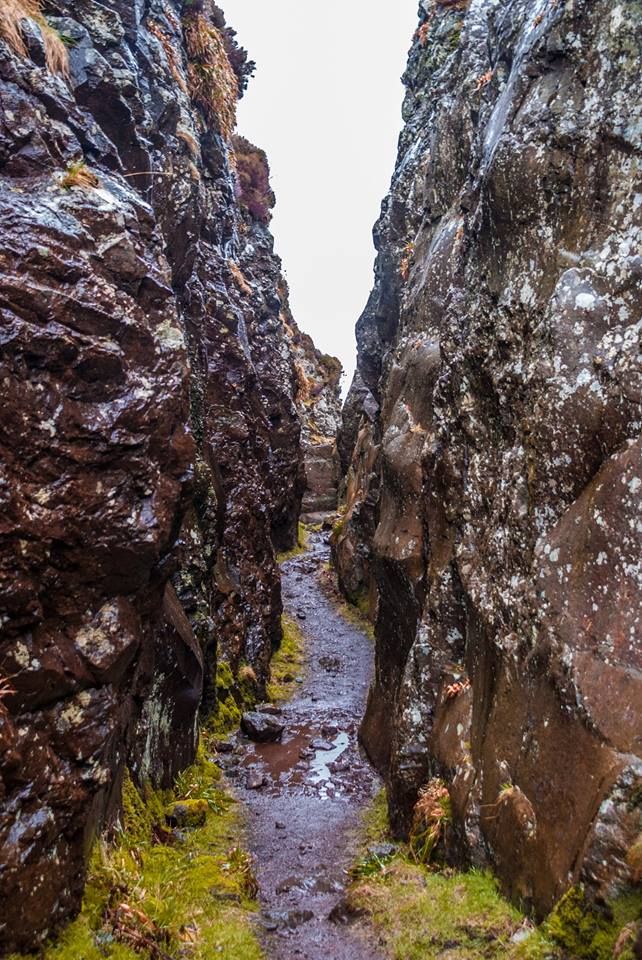 A narrow, difficult trekking trail carved into a steep, arid cliffside in Upper Dolpo