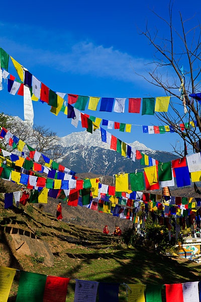 A traditional Manang village with stone houses and colorful prayer flags against a backdrop of the Himalayas