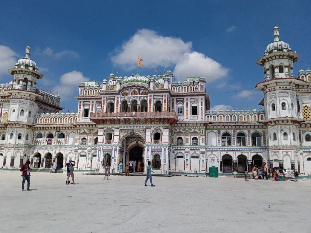The grand white marble Janaki Temple in Janakpur, Nepal, with intricate carvings