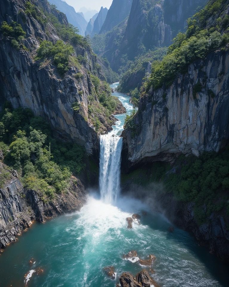 The famous turquoise waters of Shey Phoksundo Lake surrounded by green hills and rock cliffs