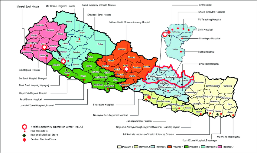 Map of Nepal highlighting key emergency centers with a rescue phone icon.