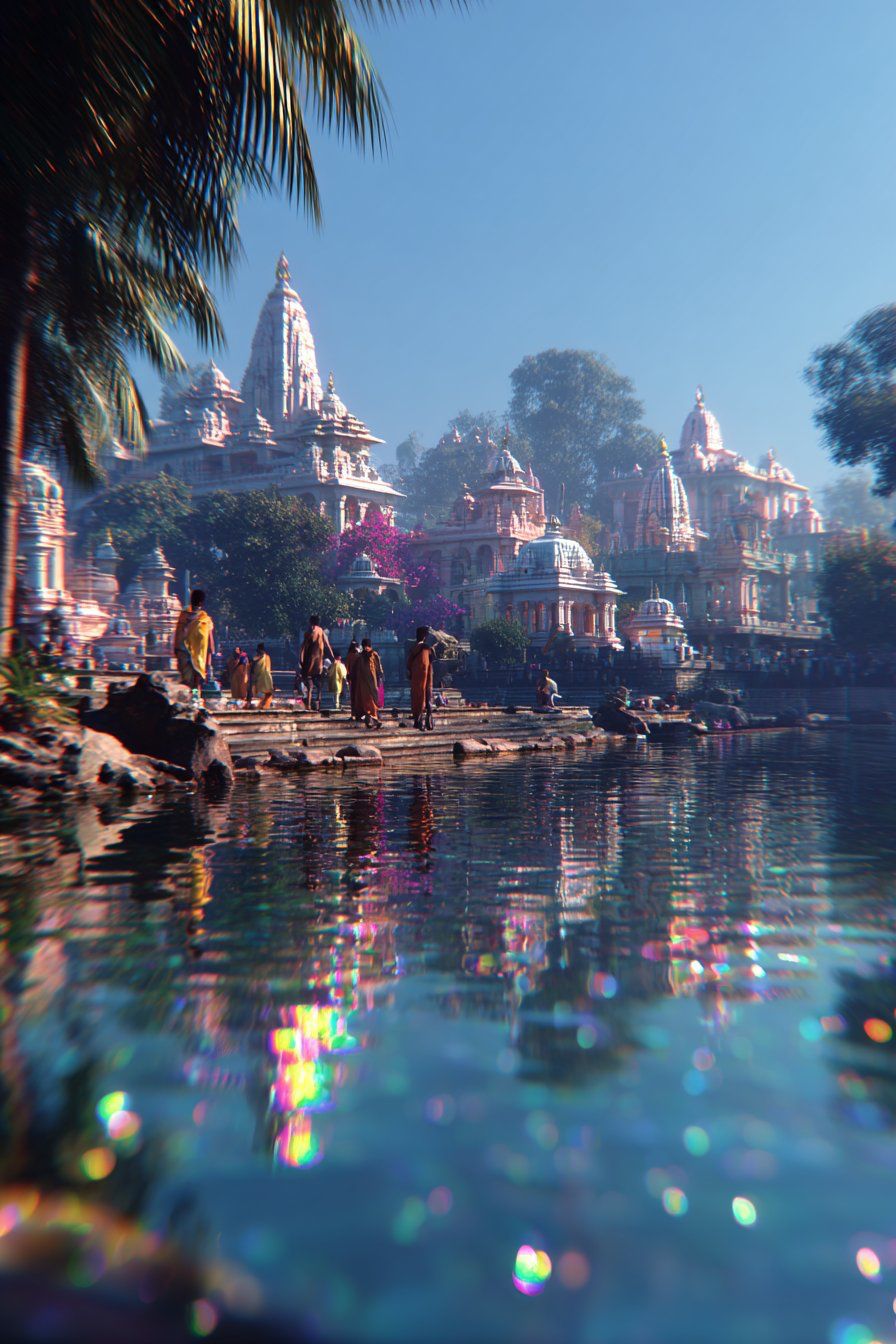 A Hindu temple and pilgrims gathered at the sacred Baraha Kshetra site by the river