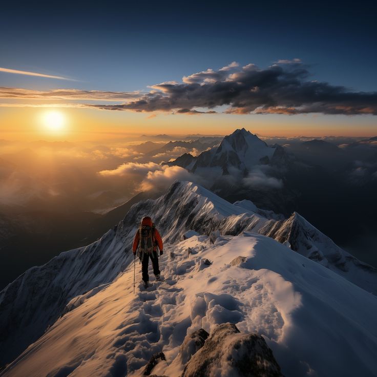 A trekker on a mountain trail in the arid Manang valley with snow-capped peaks in the distance