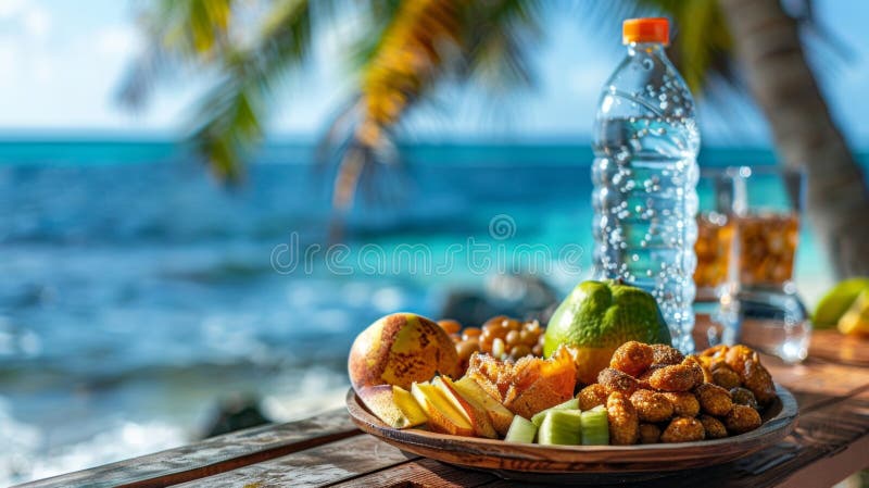 A bottle of sealed water next to a plate of fresh-cooked food.