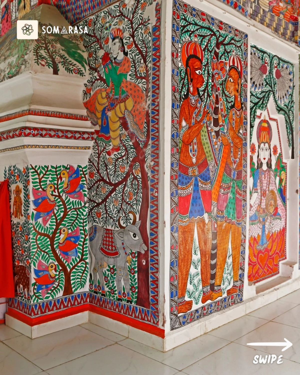 A wall in Janakpur adorned with colorful, traditional Mithila or Madhubani style paintings