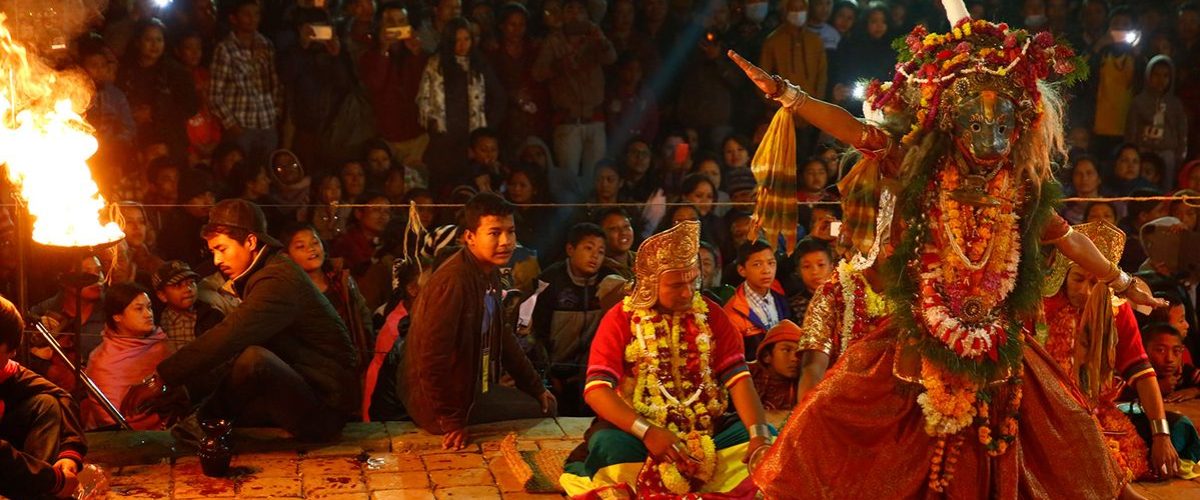 Kartik Naach Festival 2016 in Nepal A Nepalese artist clad as a deity performing a traditional dance during the Kartik Naach festival at an ancient courtyard inside Patan Durbar Square in Lalitpur, Nepal on Friday, November 11, 2016. Introduced in the late 17th century by the King, this festival is held annually, a prehistoric story of the Gods told through dance.